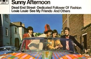 An image of The Kinks, four male musicians in an iconic 60s band, sitting in the front seats of a car, colourfully-painted by Dudley Edwards.
